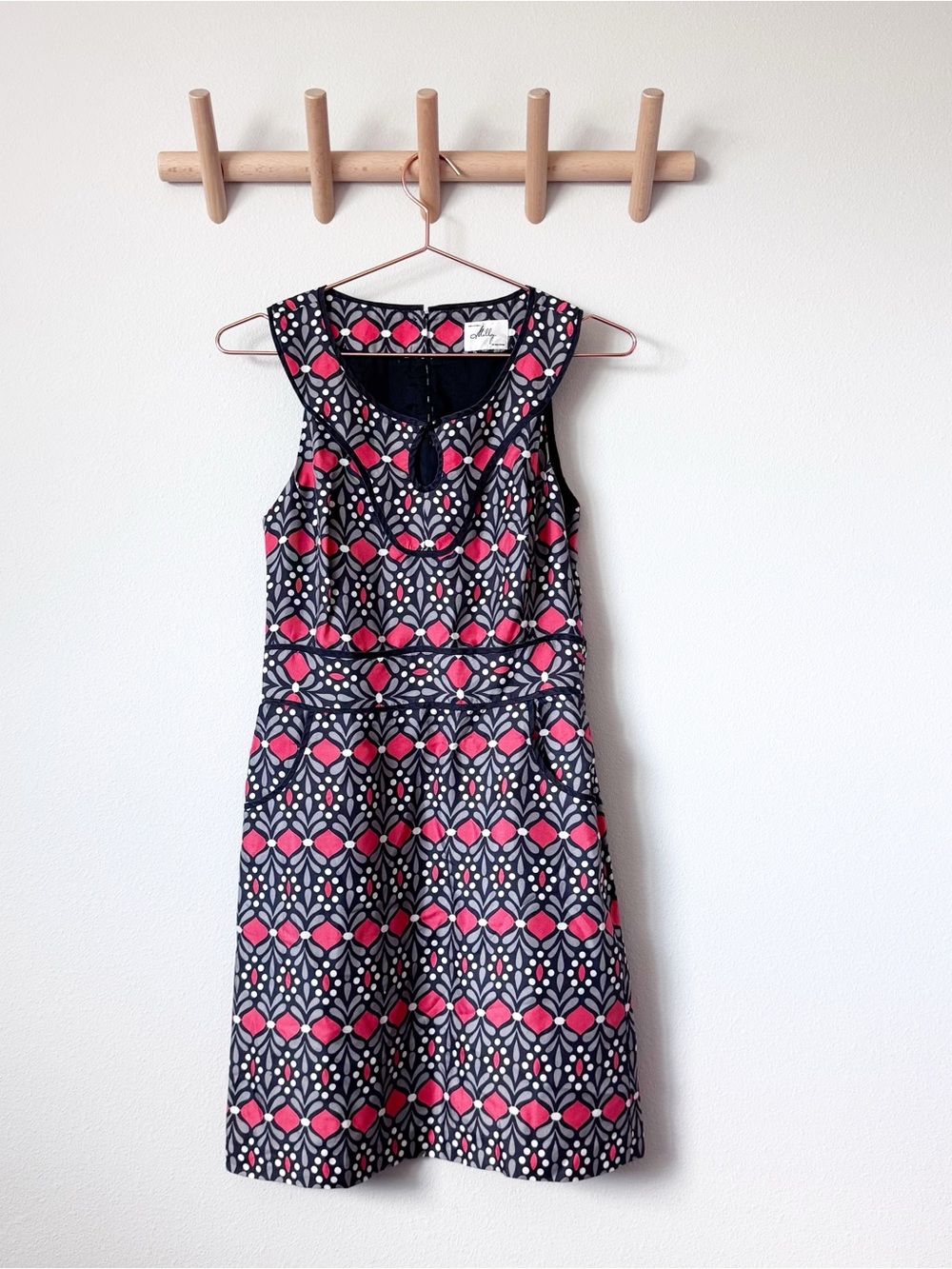 Milly Black, Gray, and Red Geometric Sleeveless Fit-and-Flare Dress